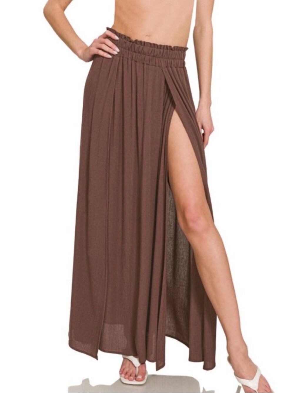 Zenana Brown High-Slit Paperbag Waist Maxi Skirt